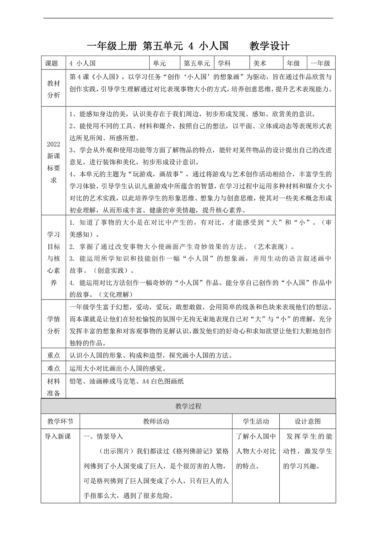 【湘版】美术 一年级上册 第五单元 4 小人国 课时教案第1页