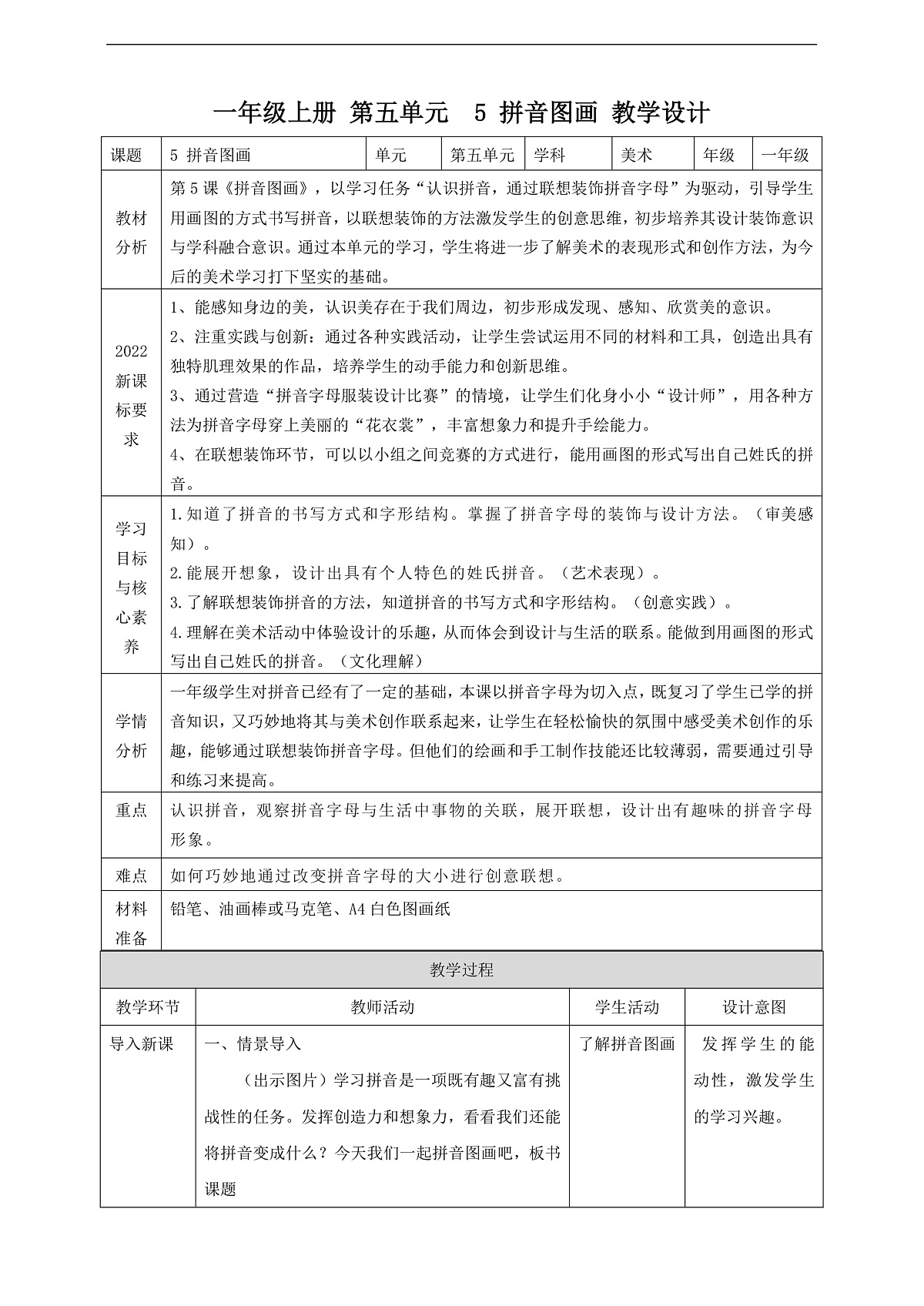 【湘版】美术  一年级上册    第五单元  5  拼音图画  课时教案第1页