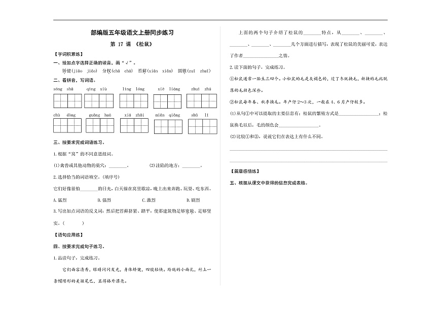 部编版五年级语文上册第 17 课《松鼠》同步练习（原卷版）A3第1页