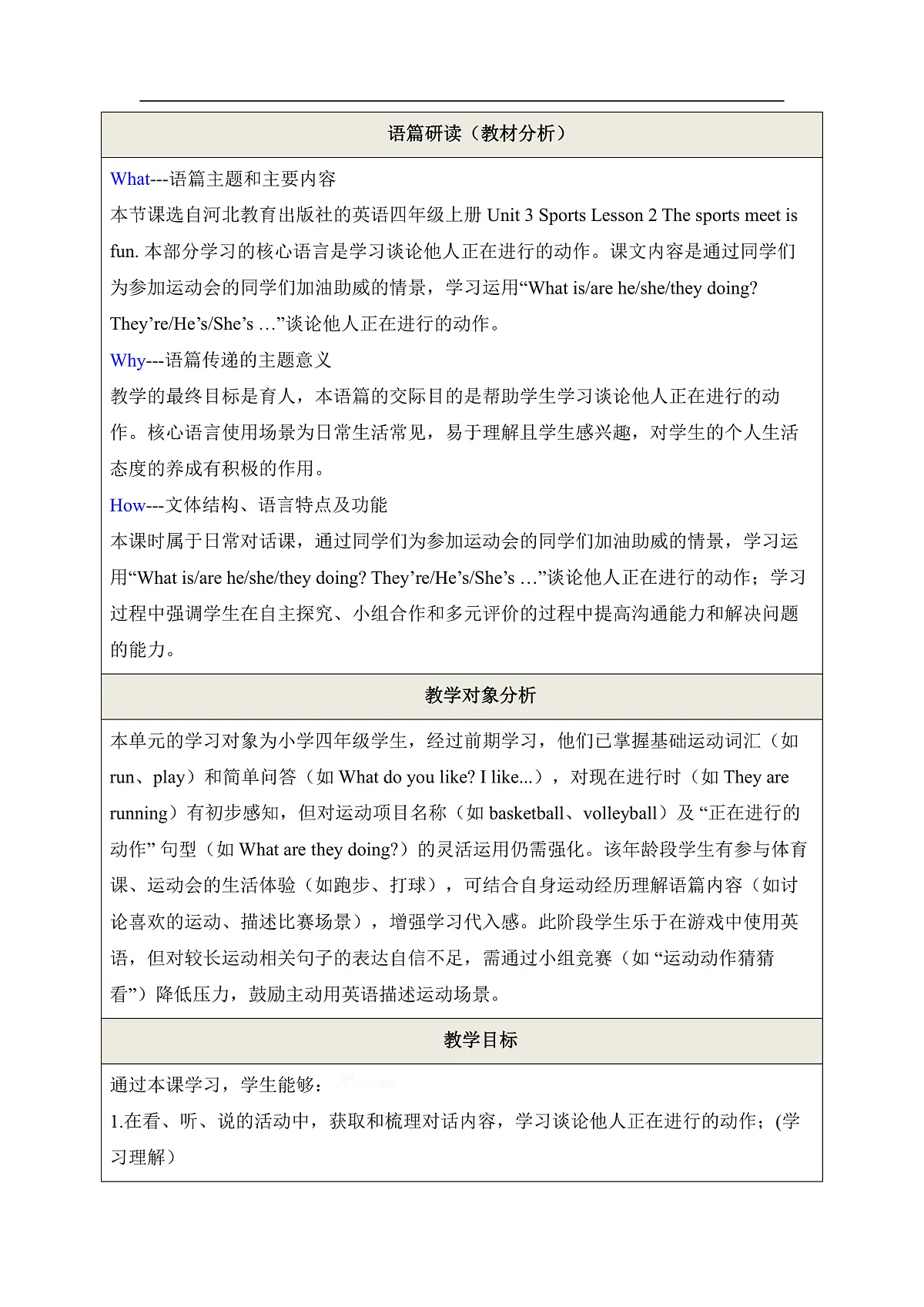 【教学评一体化】Unit 3 Sports Lesson 2 The sports meet is fun 教学设计 冀教版英语四上第2页