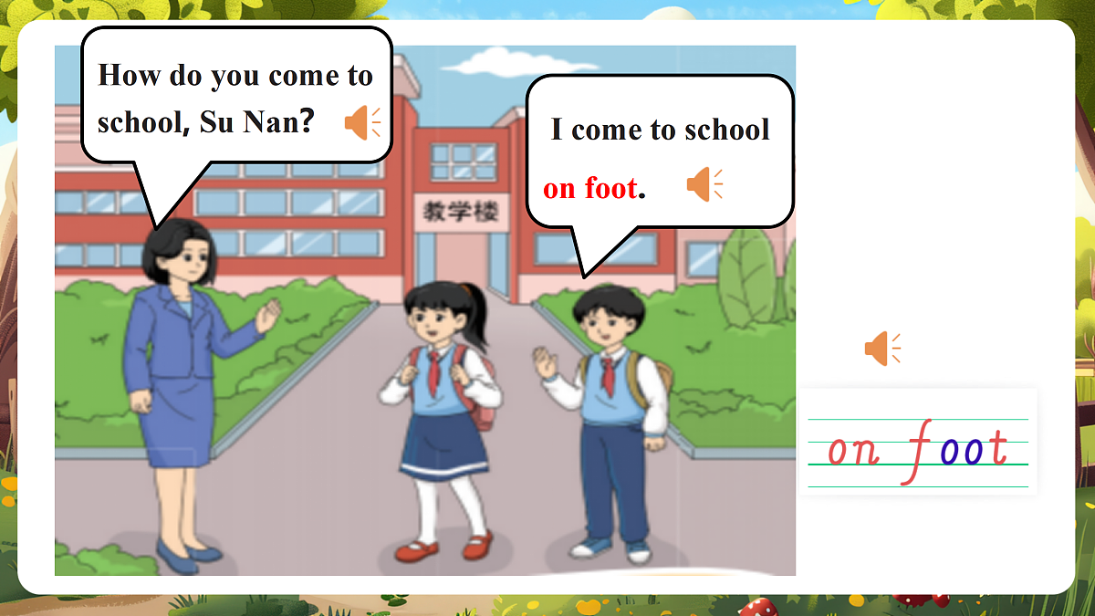 陕旅版四上英语Unit 3 I come to school on foot. Lesson 1Part A Let's talk 课件第8页