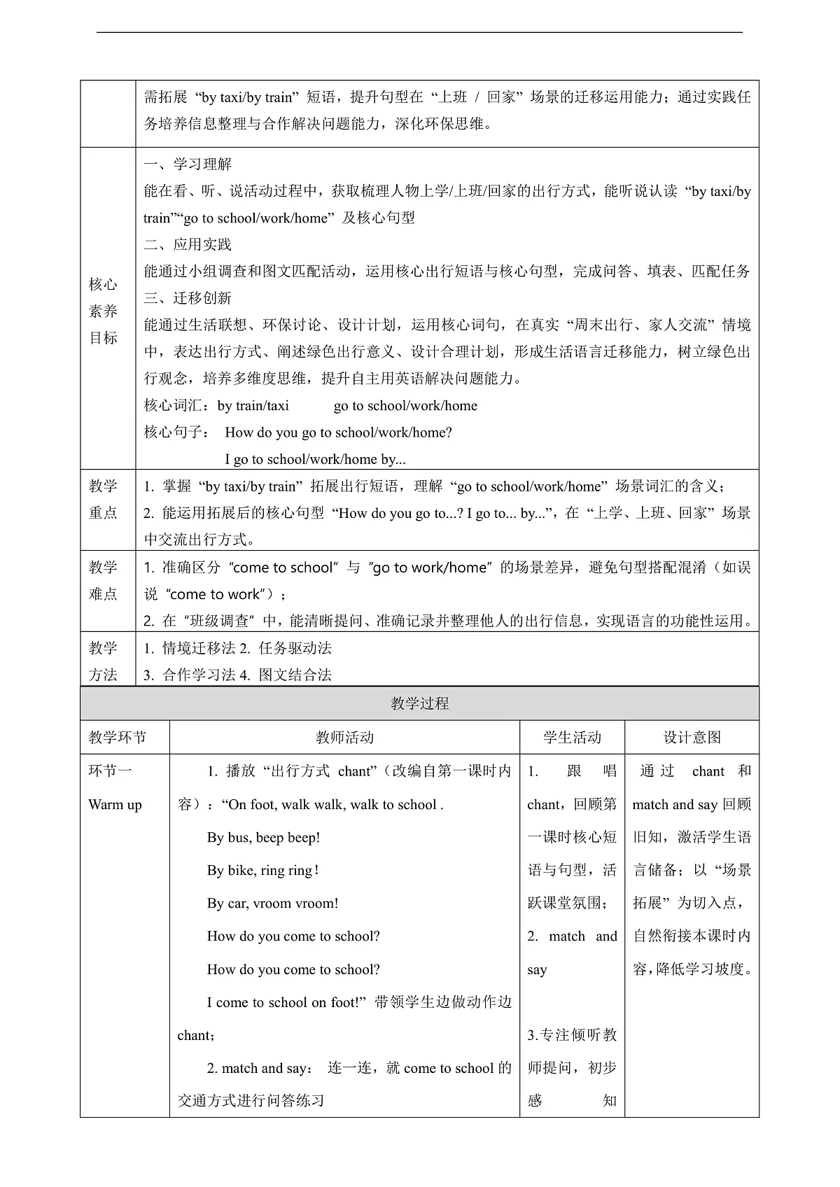 Unit 3 I come to school on foot. Lesson 2 Part A Let's learn 教学设计第2页