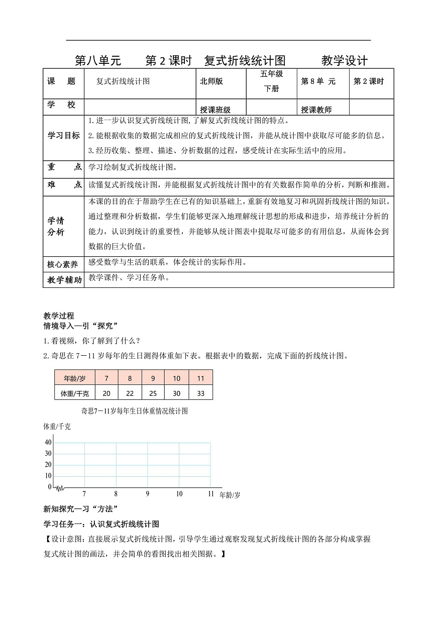 北师大版数学五下8.2《复式折线统计图》（教学设计）第1页