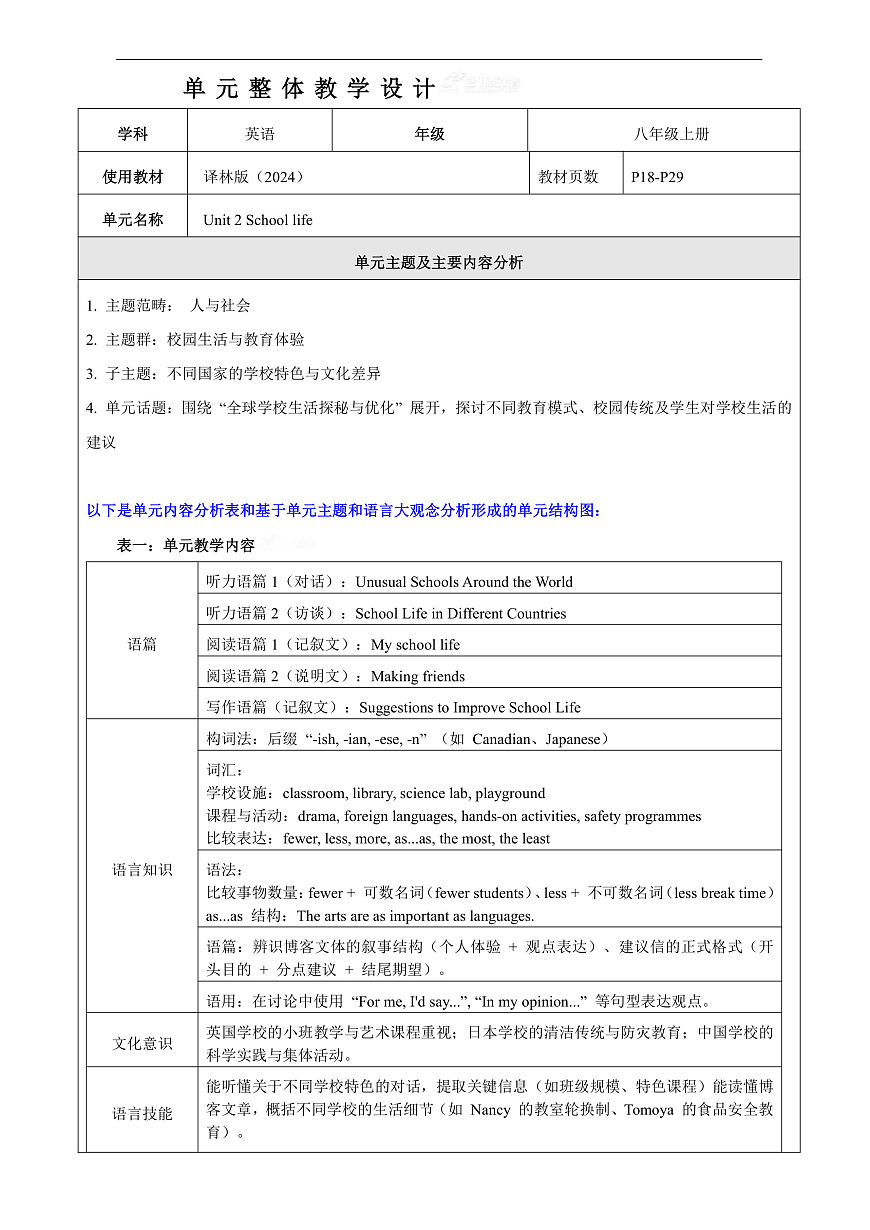 Unit 2 School life 大单元整体教学分析第1页