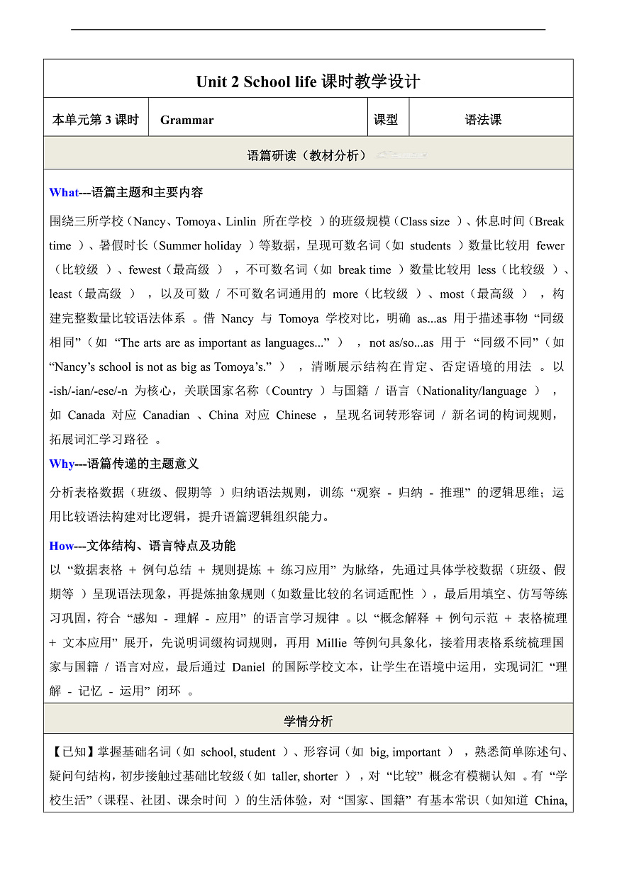 Unit 2 School life 第3课时Grammar 教学设计第1页