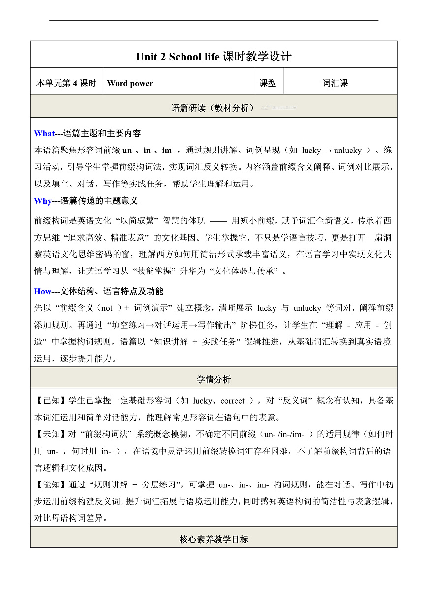 Unit 2 School life 第4课时Word power 教学设计第1页