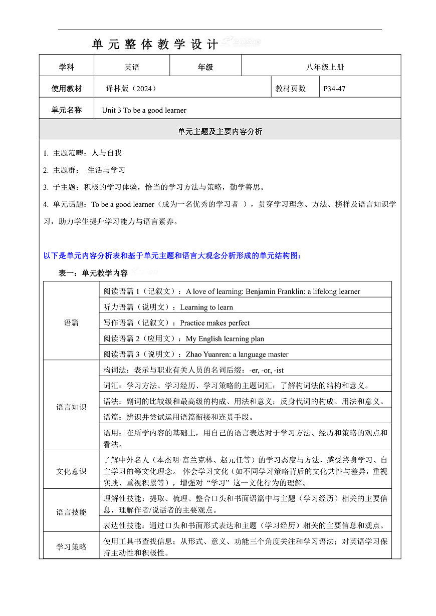 Unit 3 To be a good learner大单元整体教学分析第1页