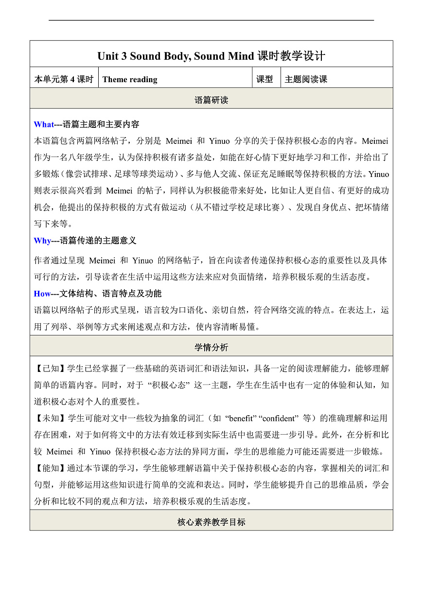 Unit 3 Sound Body Sound Mind 第4课时Theme reading 教学设计第1页