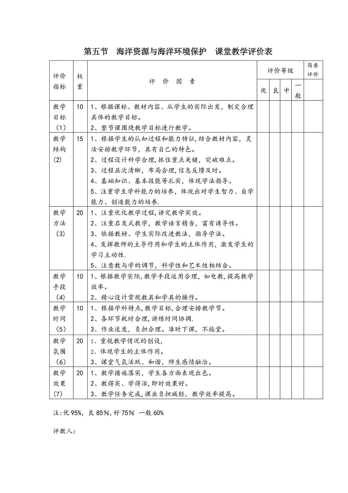 【大单元教学】第五节 海洋资源与海洋环境保护 评价表—新教材粤教版八上第三单元第1页