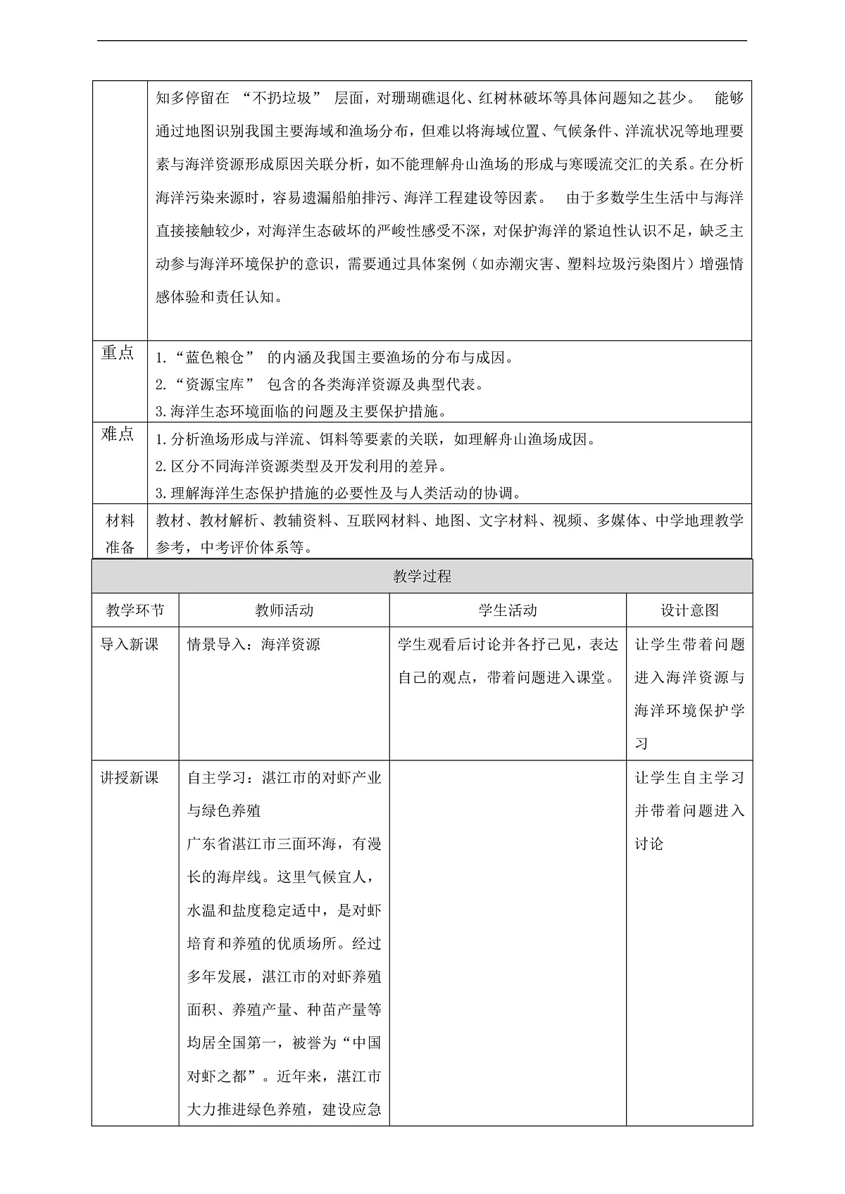 【大单元教学】第五节 海洋资源与海洋环境保护 教学设计—新教材粤教版八上第三单元第2页