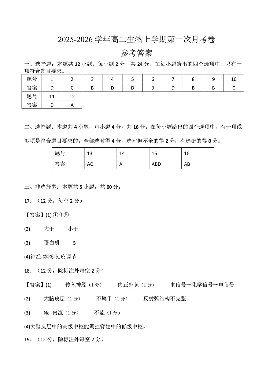 高二生物上学期第一次月考卷（湖南专用） 高二生物第一次月考卷（参考答案）（湖南专用）第1页