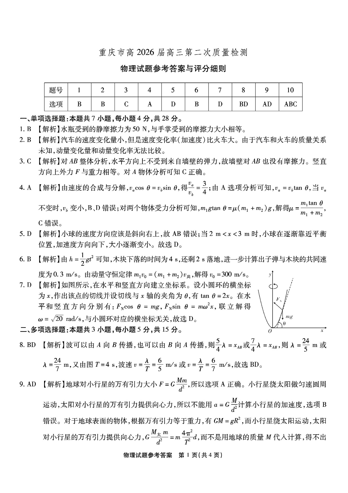 南开中学高2026届高三第二次质量检测+物理答案第1页