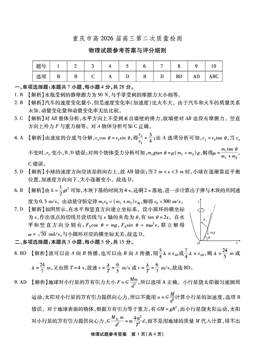 南开中学高2026届高三第二次质量检测+物理答案第1页