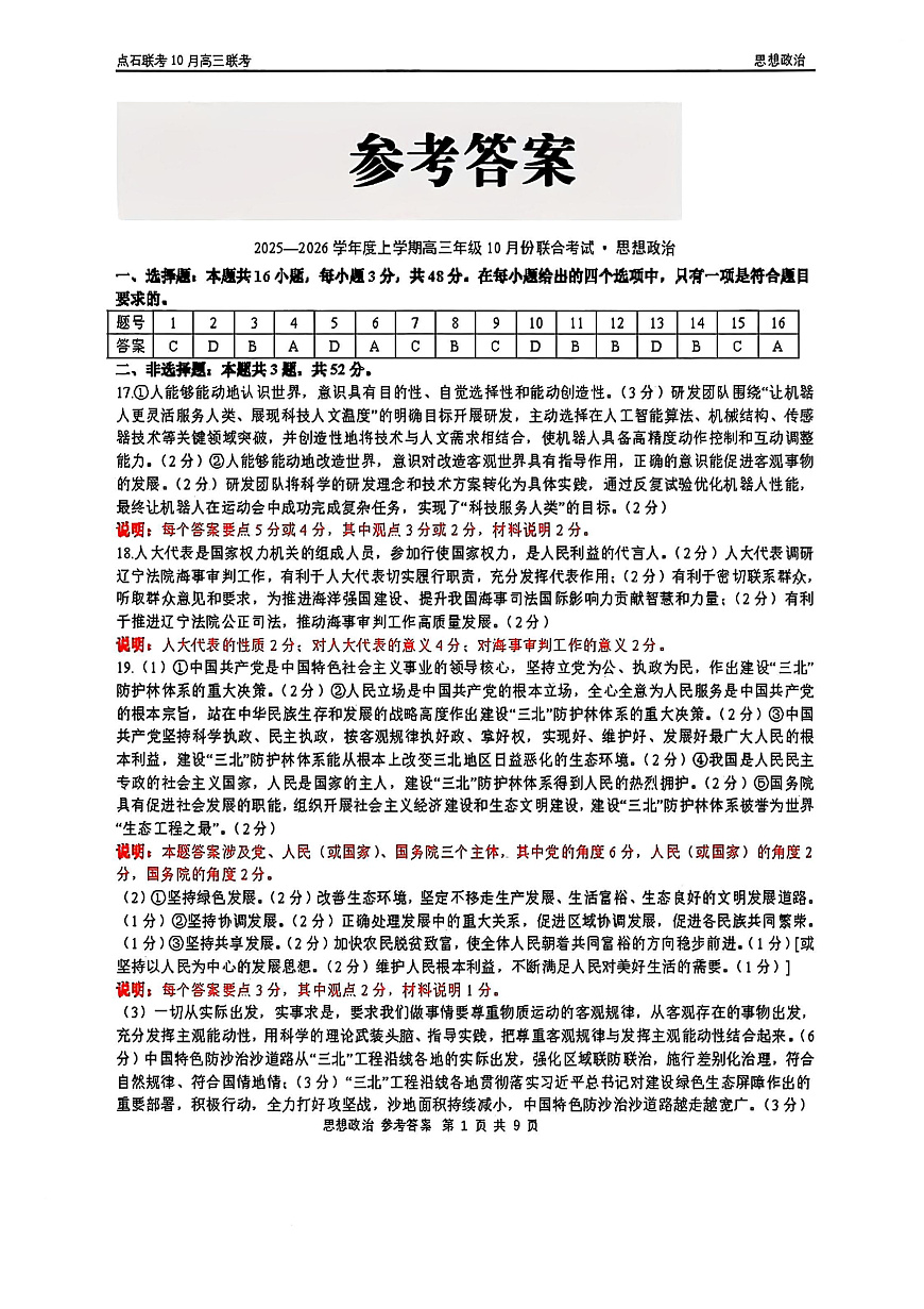 政治答案-辽宁点石联考2025-2026学年高三10月联合考试第1页