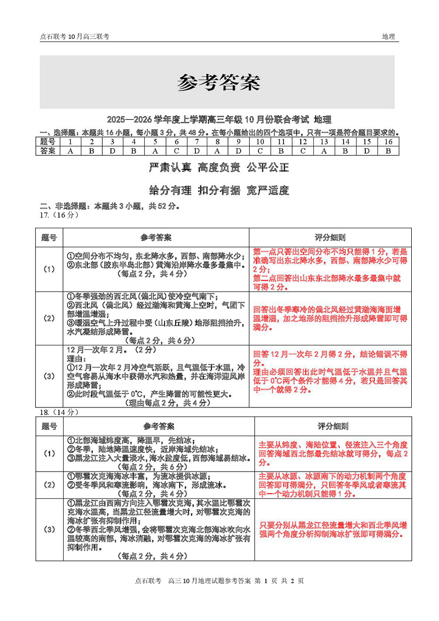 【点石联考】高三10月联考地理试题参考答案第1页