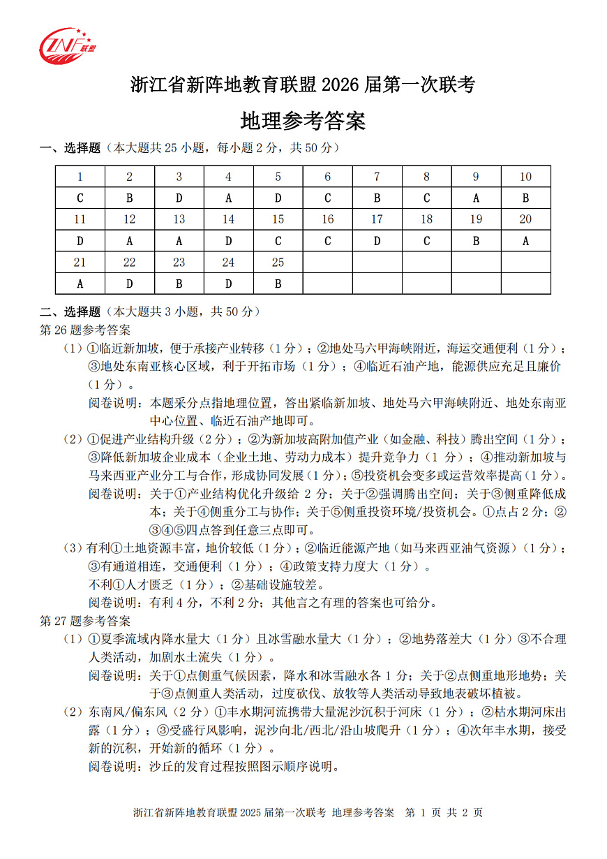 26届新阵地教育联盟国庆返校考地理答案第1页
