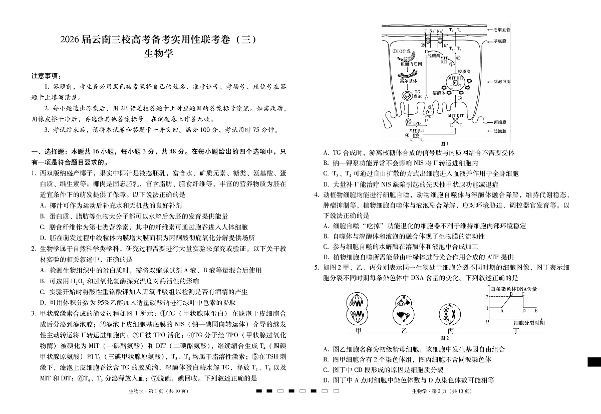 2026届云南三校高考备考实用性联考卷（三）生物第1页