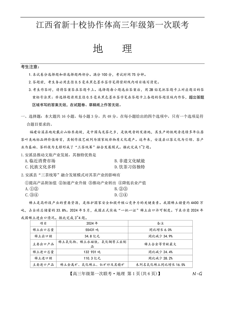 江西省新十校协作体高三第一次联考地理试卷第1页