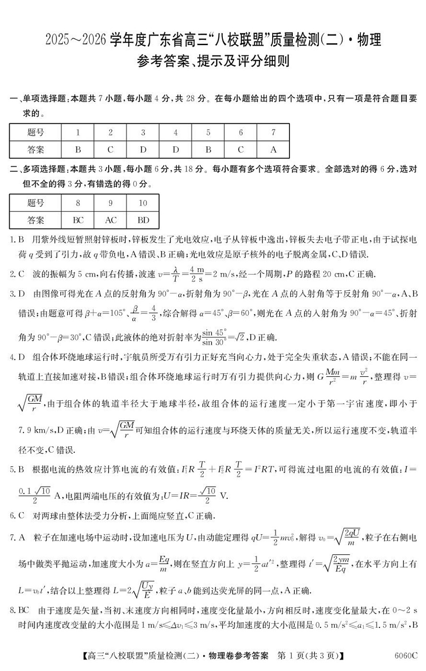 广东省八校联盟2026届高三上学期质量检测（二）物理答案第1页