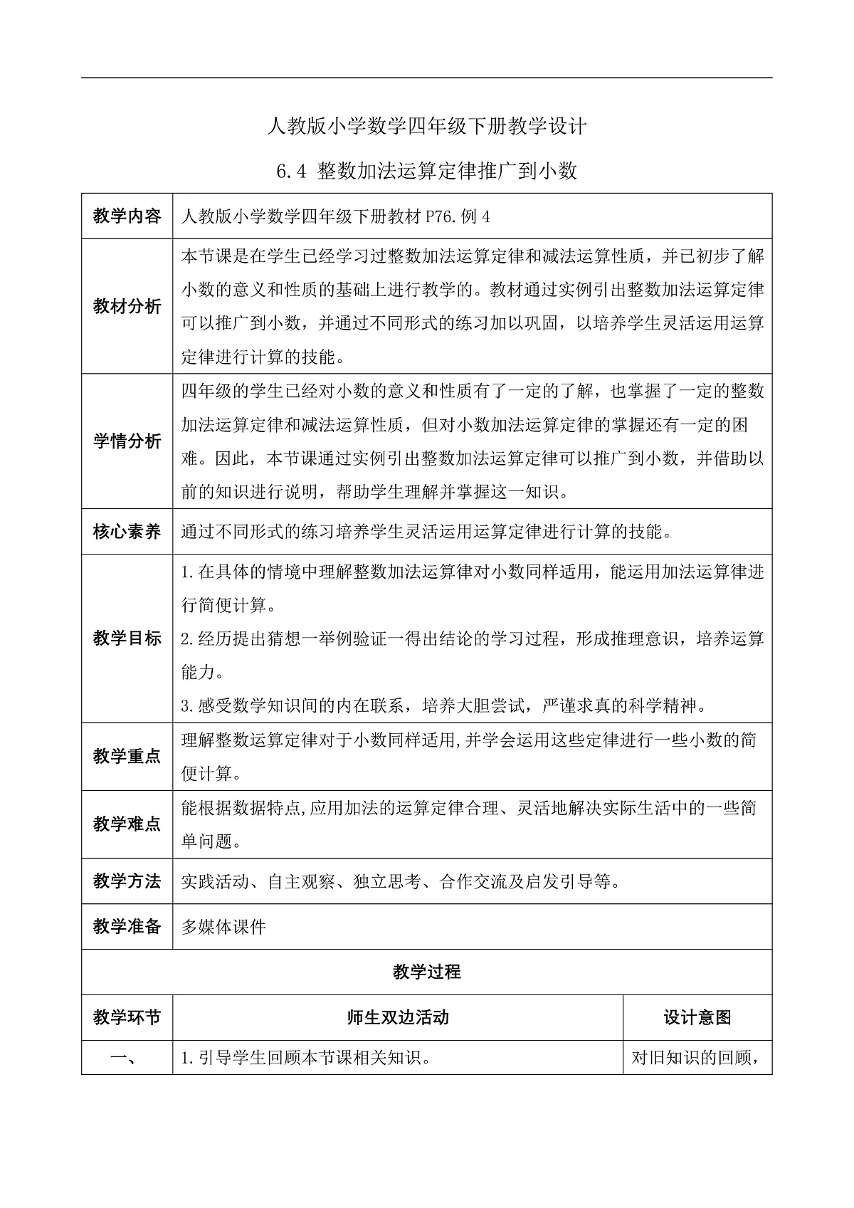 【备课无忧】人教版四下-6.4 整数加法运算定律推广到小数（教学设计含反思）第1页