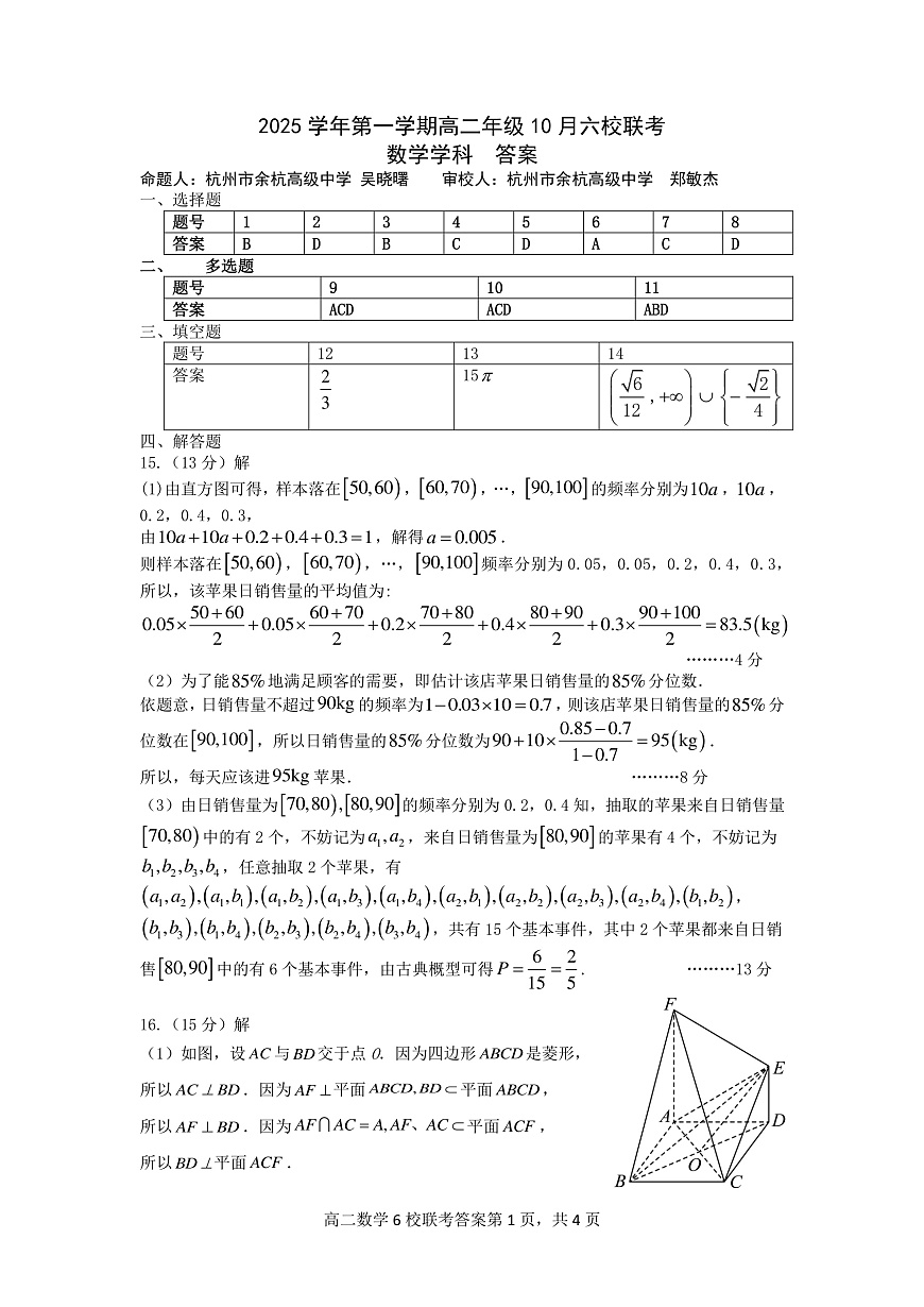 2025学年第一学期高二年级10月六校联考 数学答案第1页