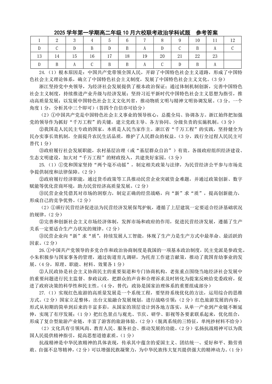 2025学年第一学期高二年级10月六校联考 政治答案第1页