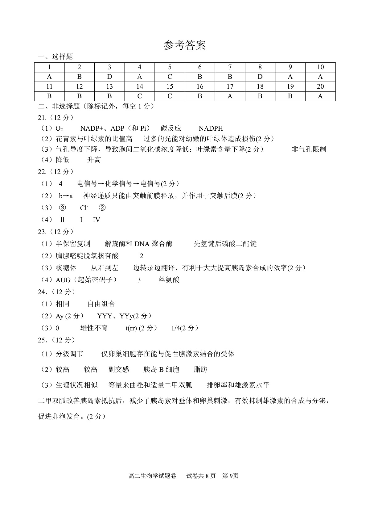 2025学年第一学期高二年级10月六校联考 生物答案第1页