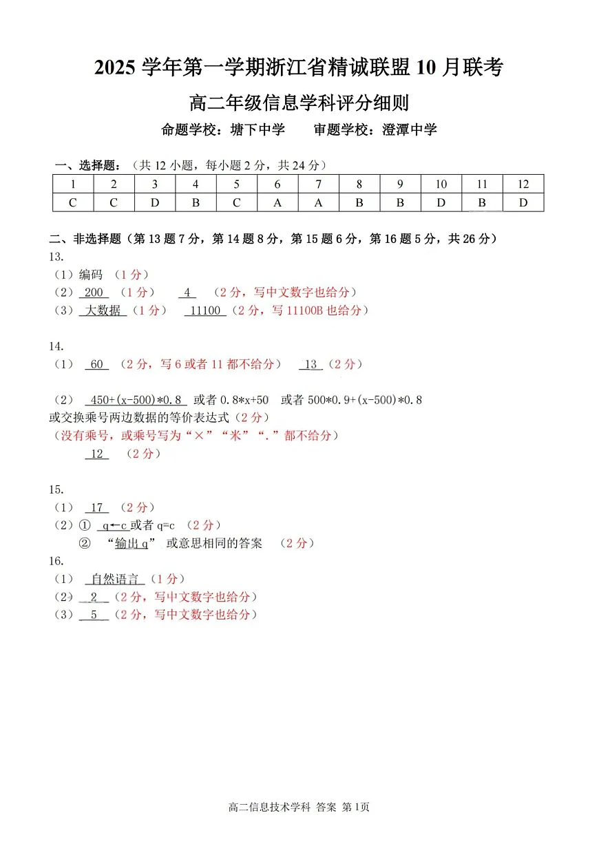 2025学年第一学期浙江省精诚联盟高二年级10月联考 技术答案第1页