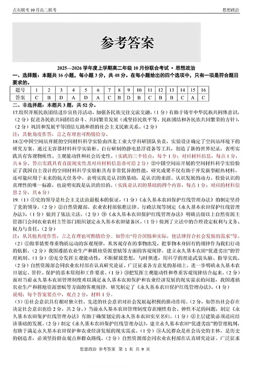 辽宁省点石联考2025-2026学年上学期高二年级10月份联合考试 政治答案第1页