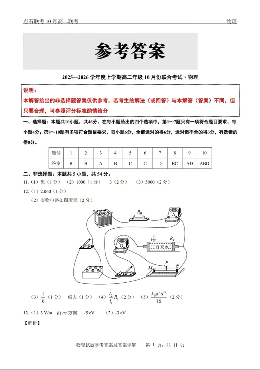 辽宁省点石联考2025-2026学年上学期高二年级10月份联合考试 物理答案第1页