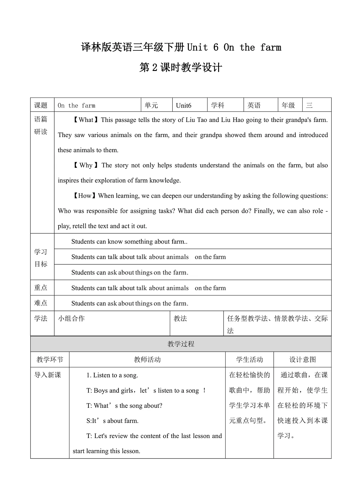 Unit 6 On the farm(Story) 表格式教案—译林版（三起）小学英语三年级下册第1页
