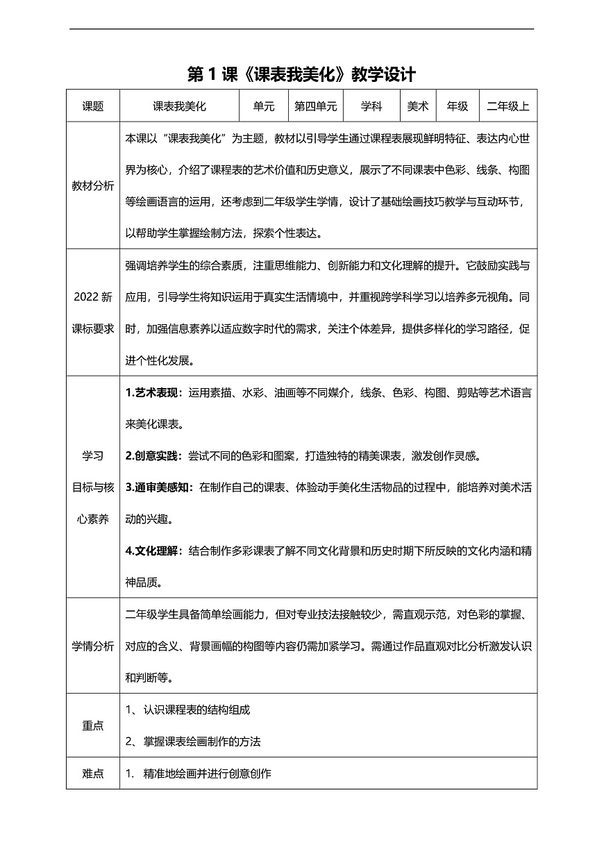 【人美版】美术 二年级上册 第四单元 第1课《课表我美化》教学设计第1页