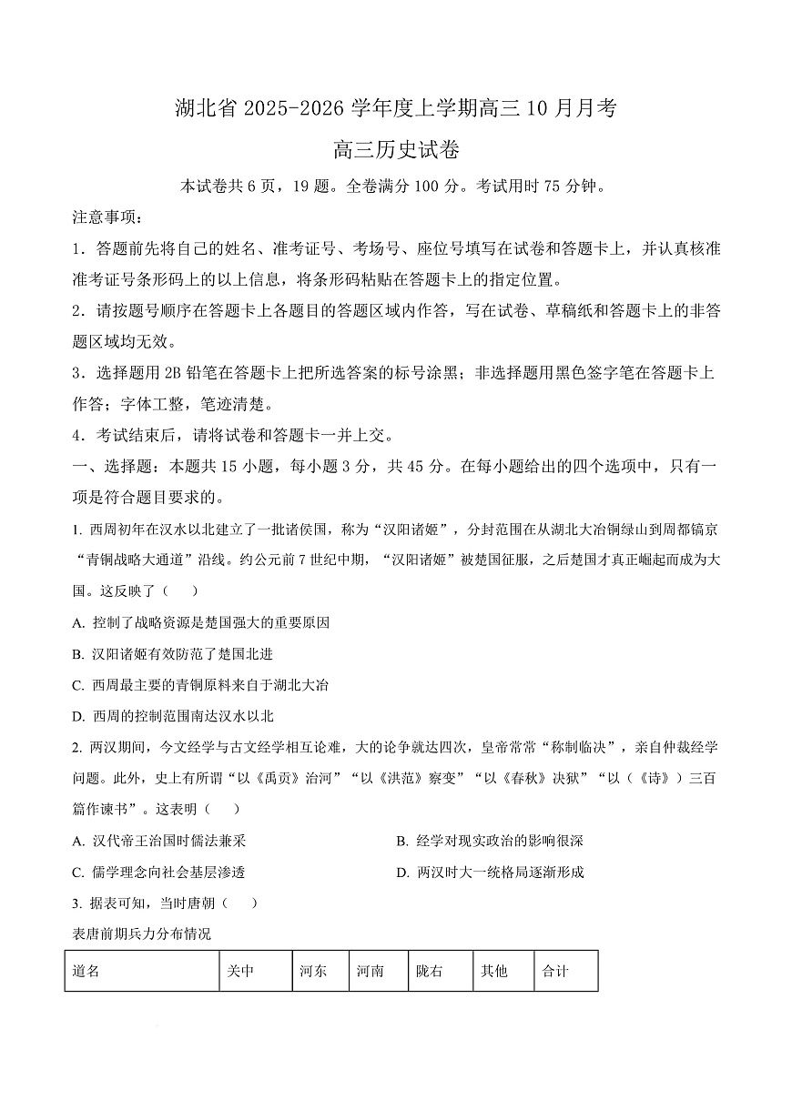 湖北省“新八校协作体2025-2026学年高三上学期10月月考历史试题  Word版无答案第1页