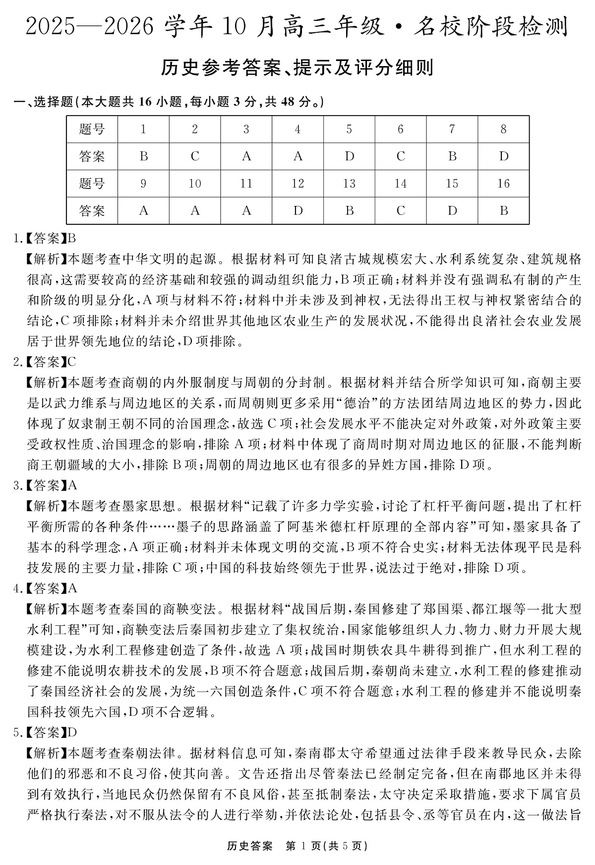 安徽省2025-2026学年度“耀正优”高三年级10月阶段检测历史答案第1页