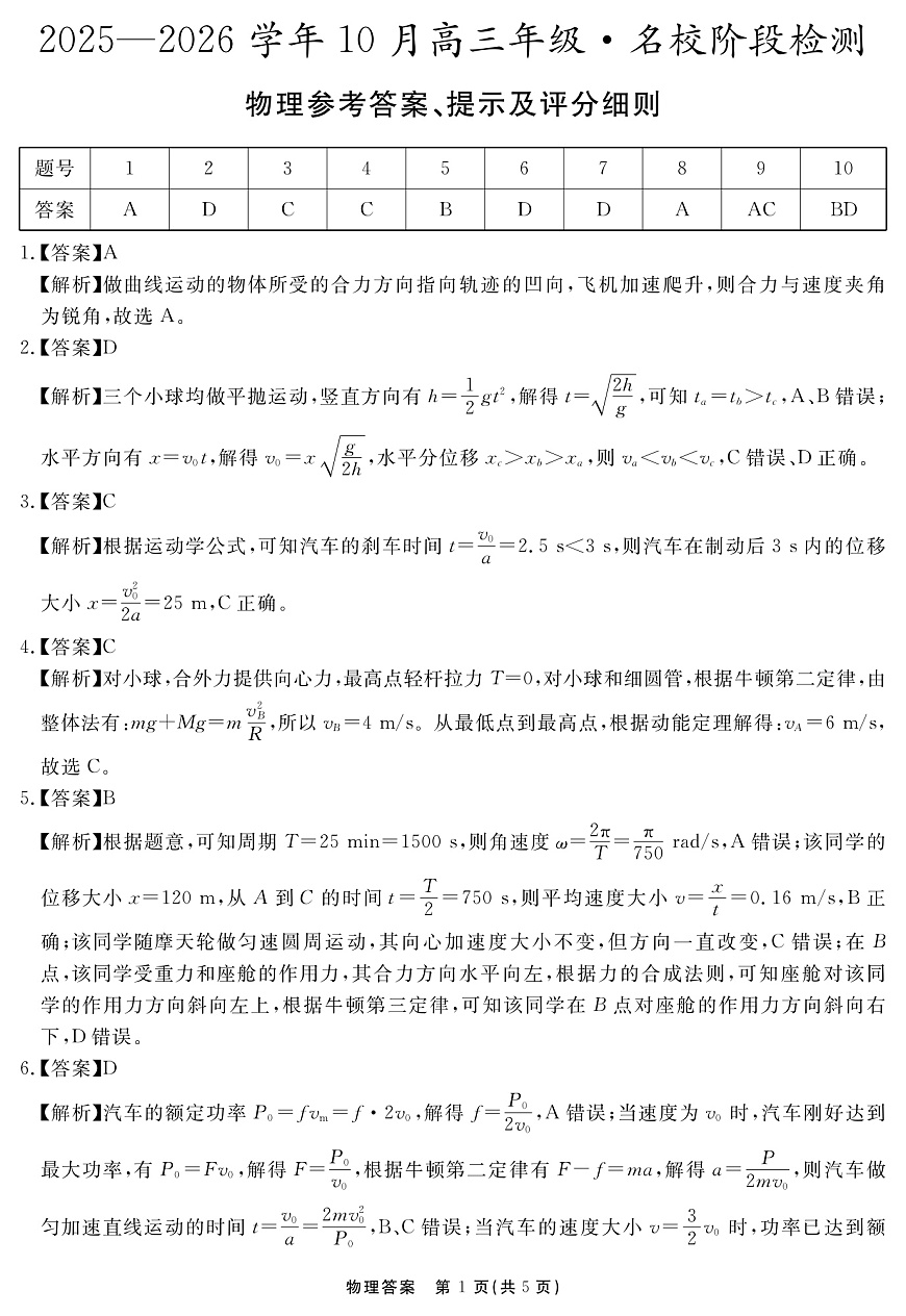 安徽省2025-2026学年度“耀正优”高三年级10月阶段检测物理答案第1页