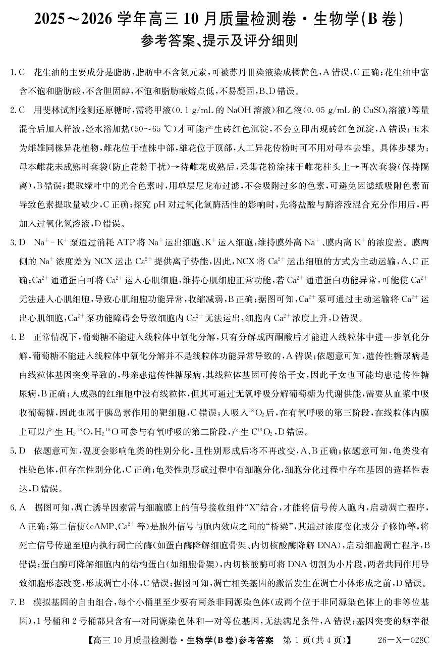 山西三晋卓越联盟2025-2026高三10月质量检测（26-X-028C）生物(B)答案第1页