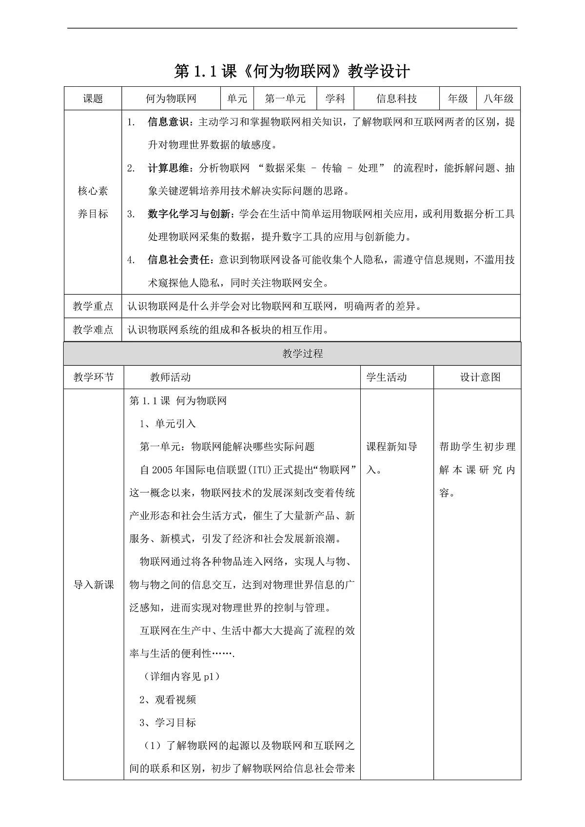 第1单元第1课 《何为物联网》教案第1页