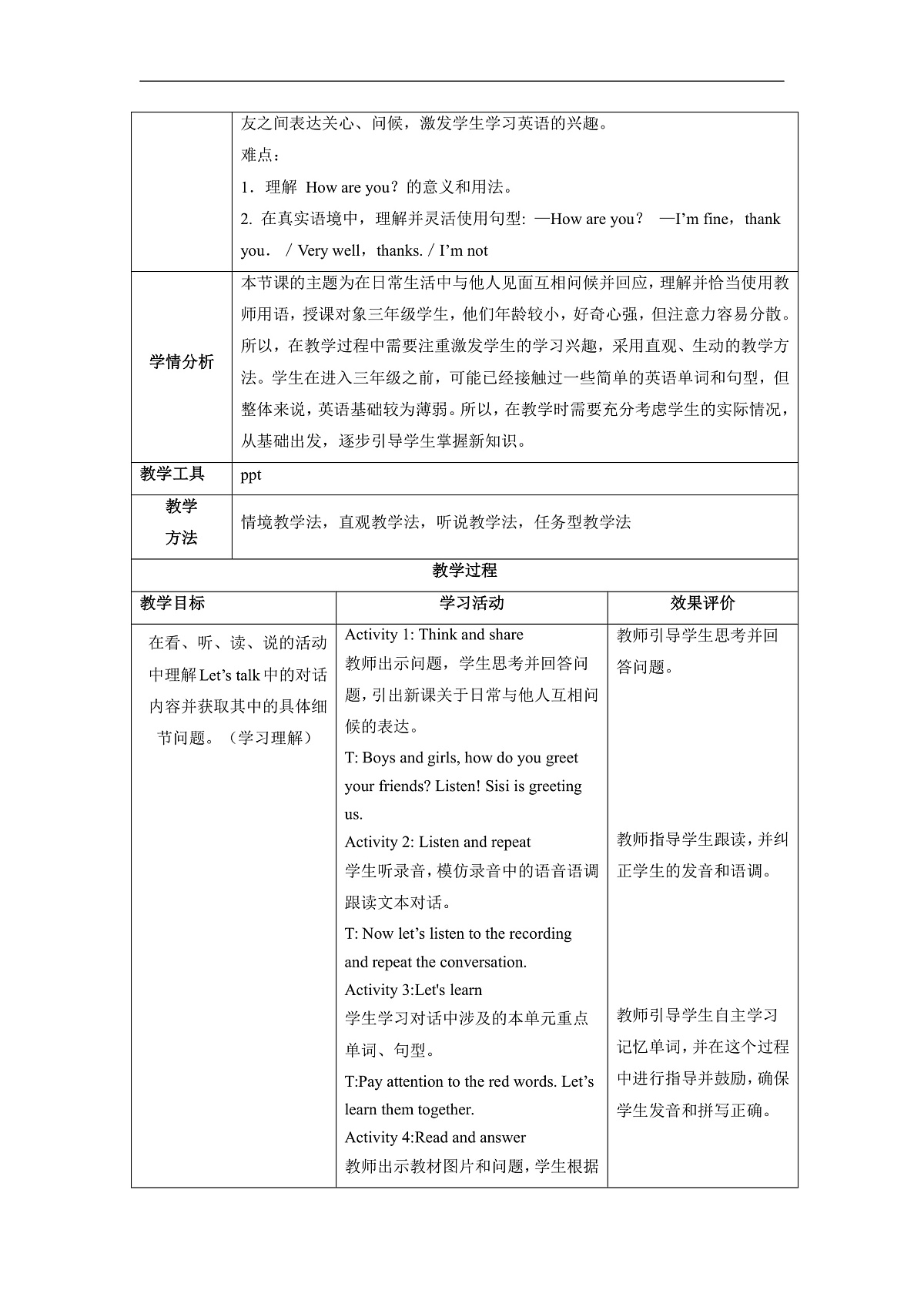 Unit 4 How Are You  Lesson 1 Part A Let’s talk 教学设计第2页