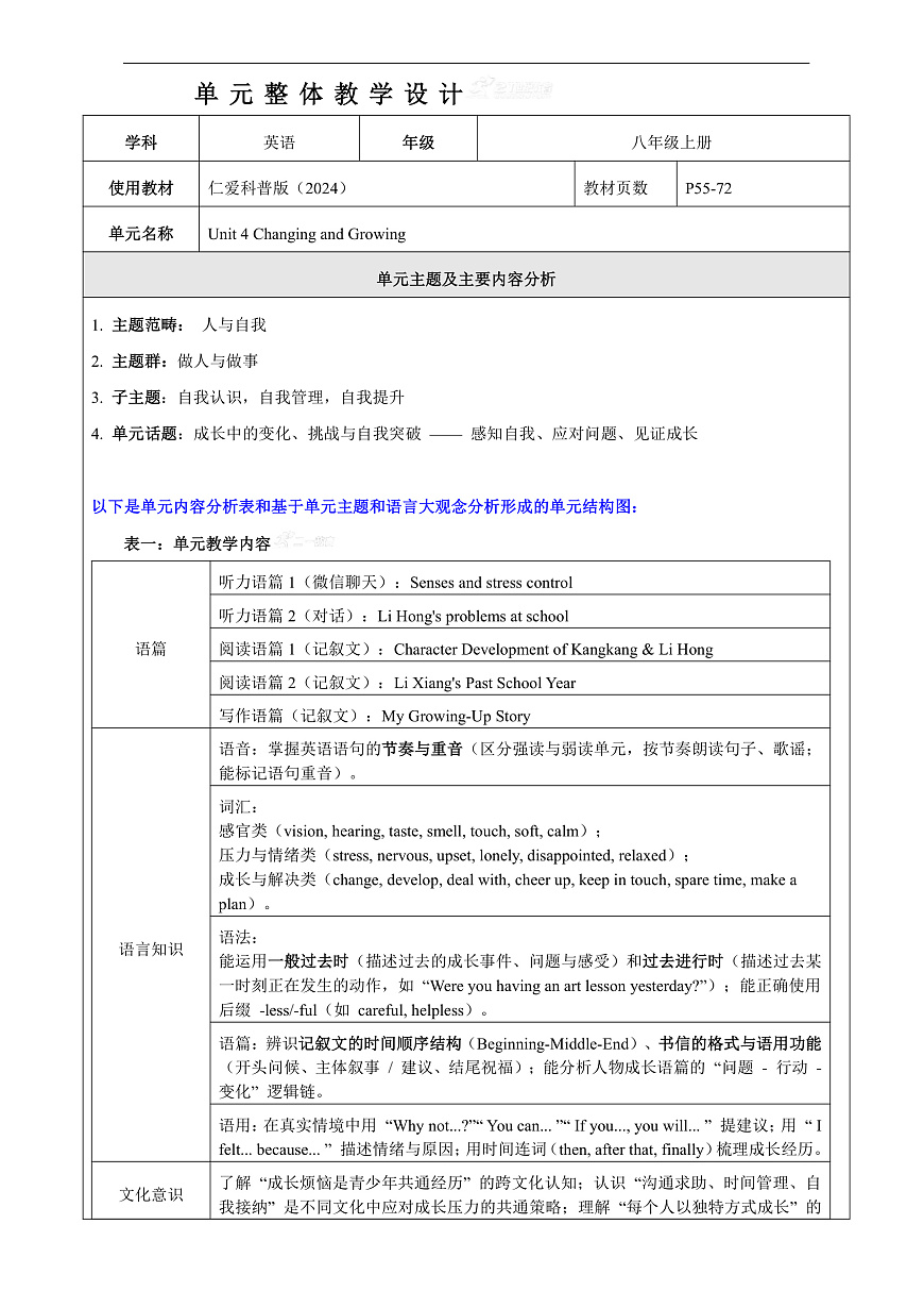 【教学评一体化】Unit 4 Changing and Growing 大单元整体教学分析第1页