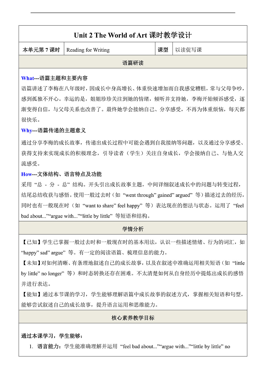 【教学评一体化】 第7课时Reading for Writing 教学设计第1页