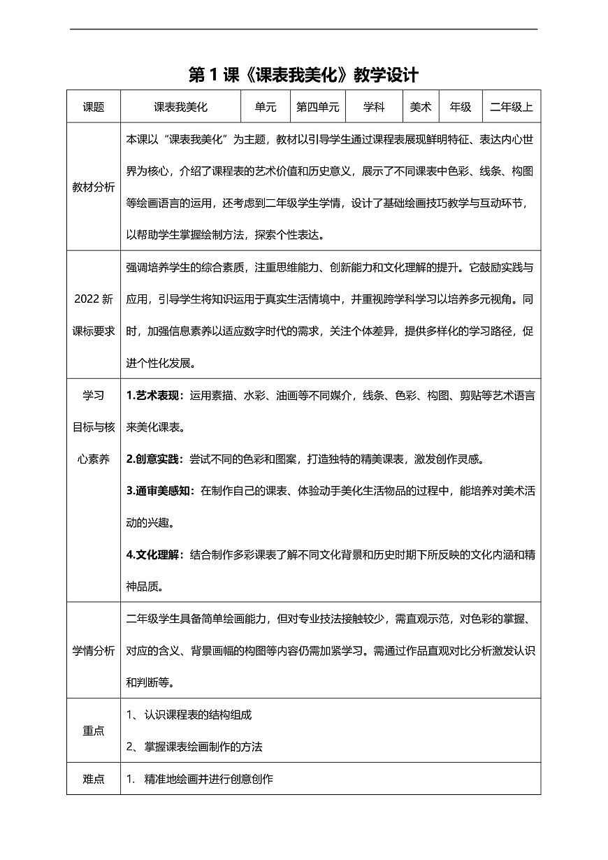 【人美版】美术 二年级上册 第四单元 第1课《课表我美化》教学设计第1页