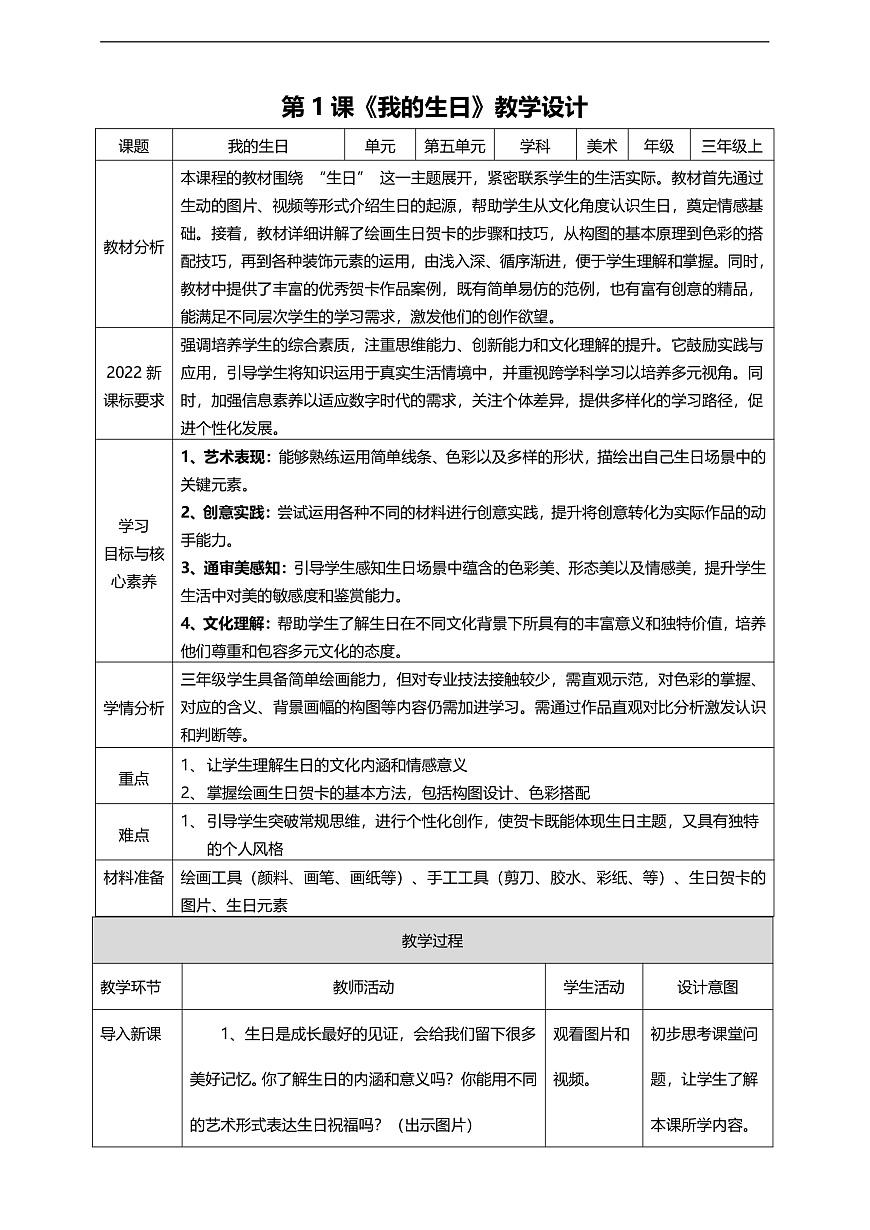 【人美版】美术 三年级上册 第5单元 第1课《我的生日》教学设计第1页