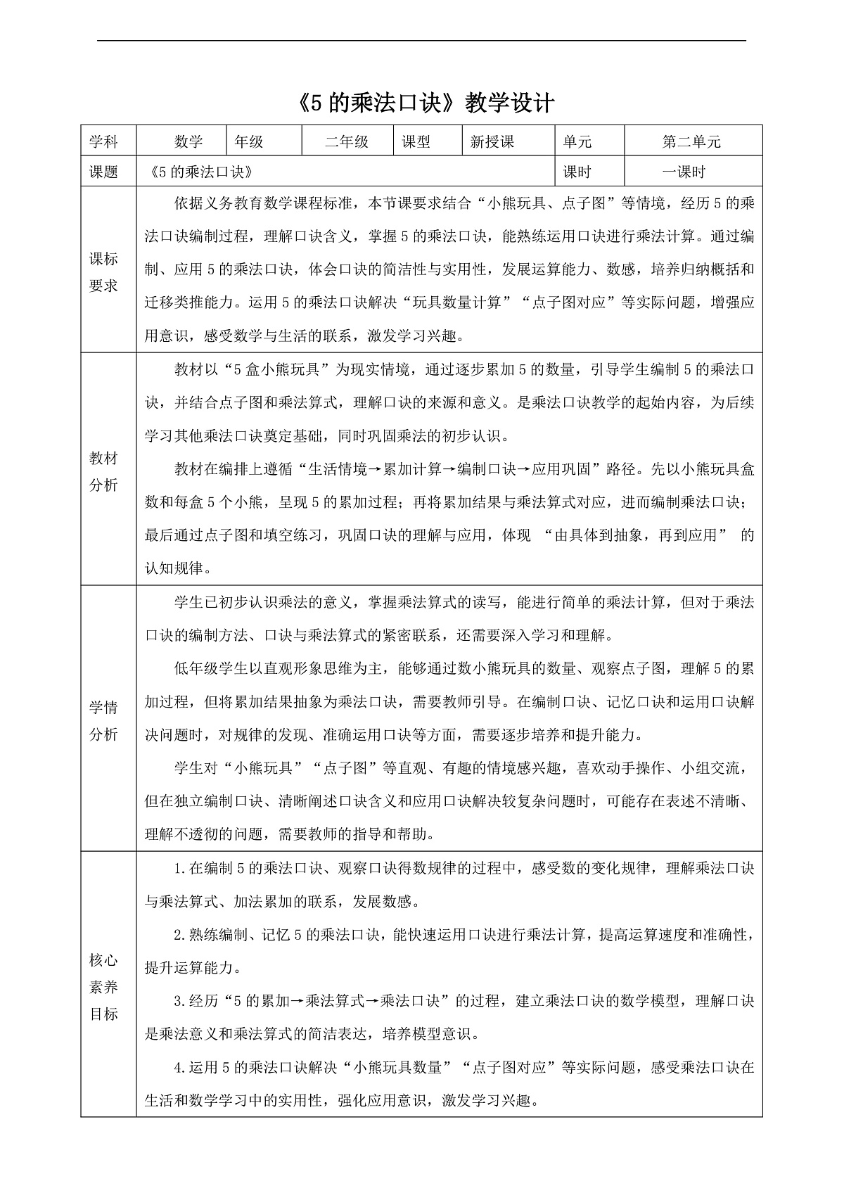 人教版二上2.3《5的乘法口诀》（教案）第1页