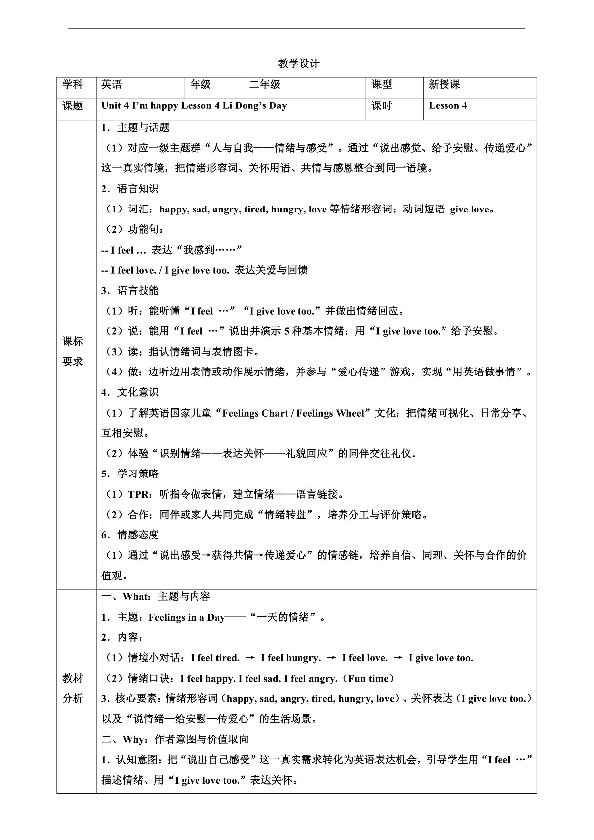 人教版PEP 2A Unit 4 I'm happy Lesson 4 教案第1页