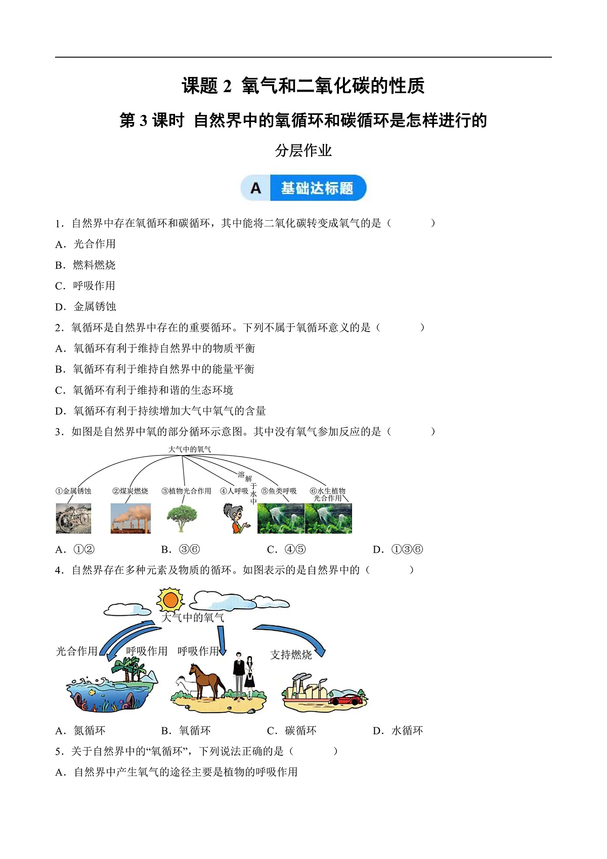 课题2 氧气和二氧化碳的性质 第3课时（分层作业）（原卷版）第1页