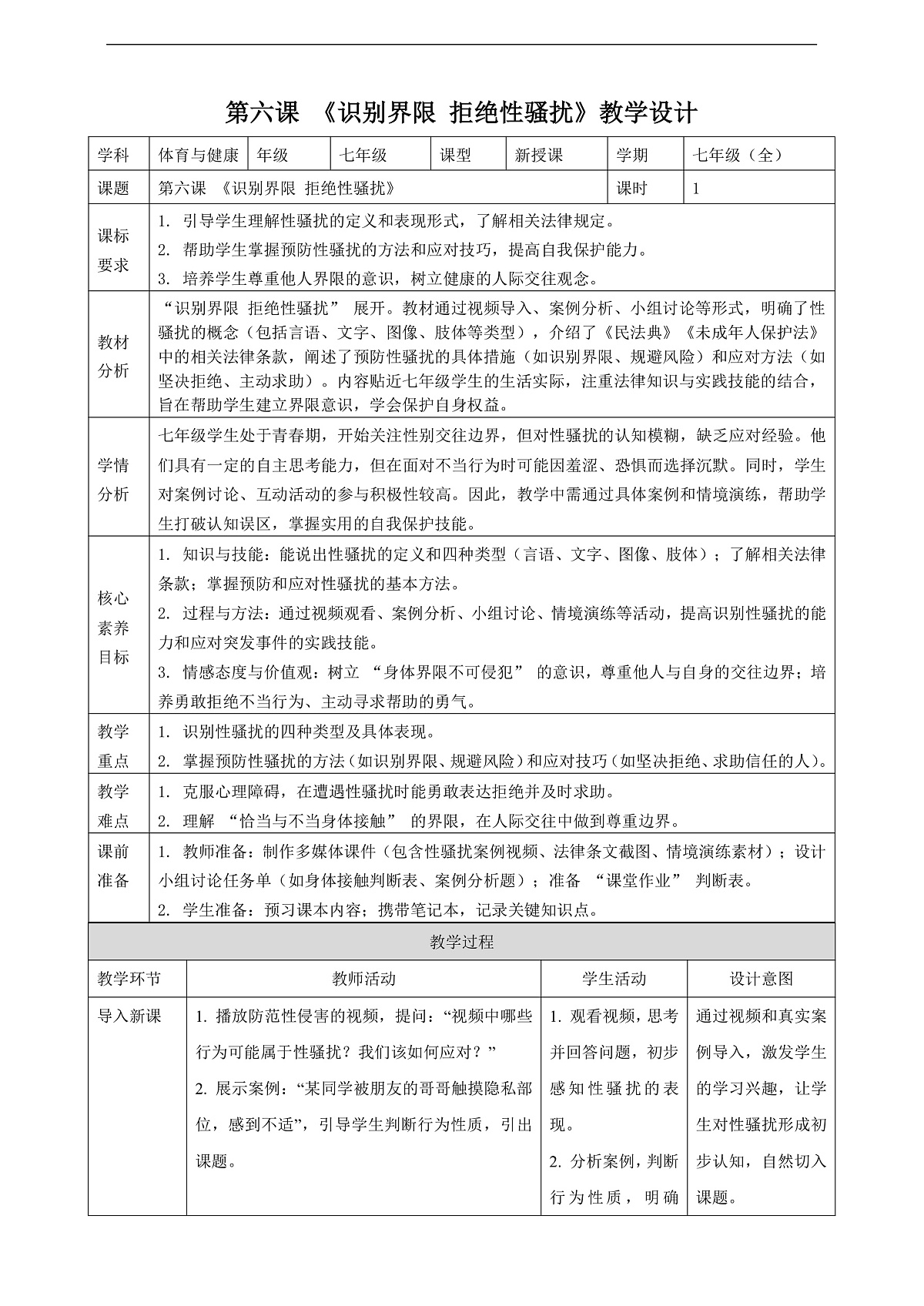 【核心素养目标】【人教版2024】《体育与健康》第6课《识别界限 拒绝性骚扰》教案-七年级全第1页