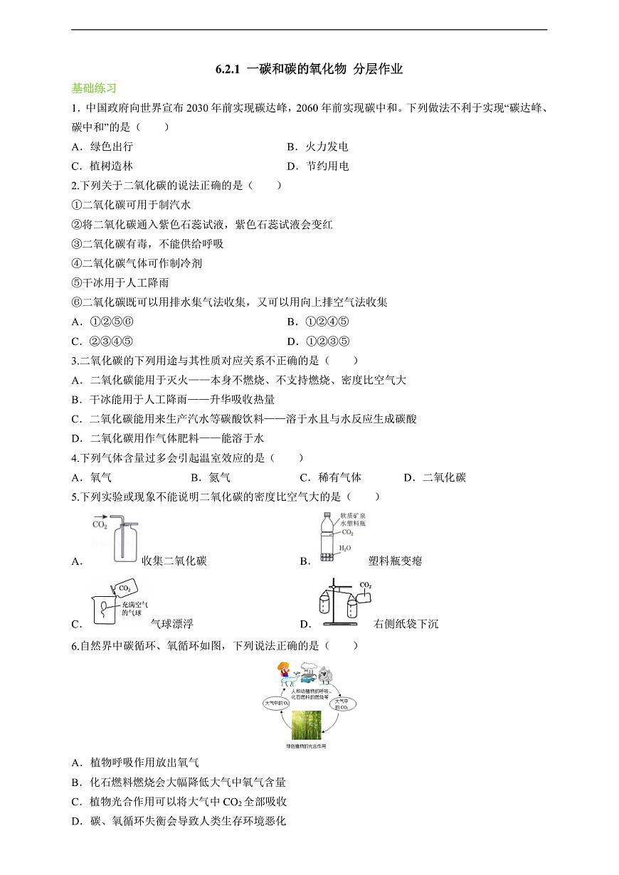 6.2.1 一碳和碳的氧化物 分层作业（原卷版）第1页