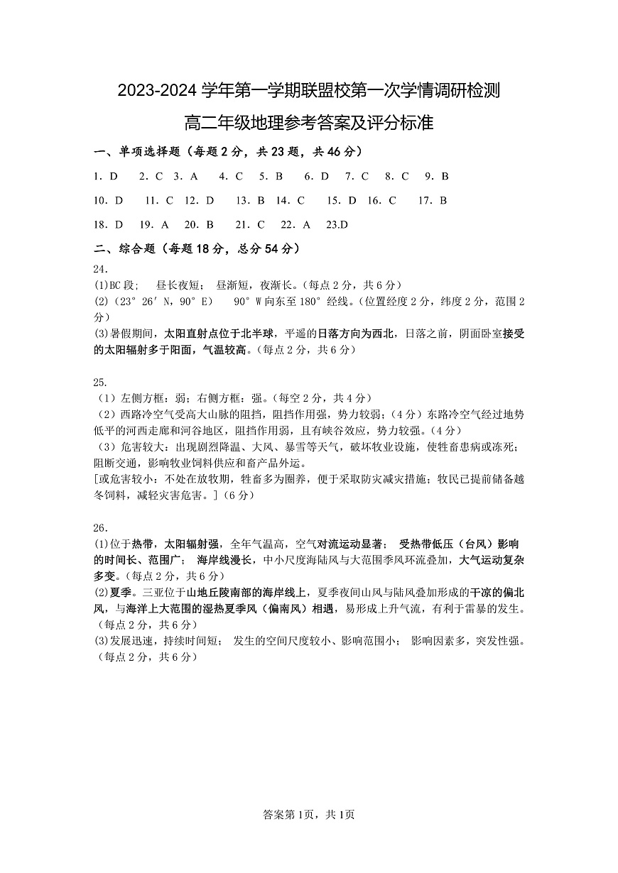 江苏省盐城市五校联考2023-2024学年高二上学期10月月考 地理参考答案第1页