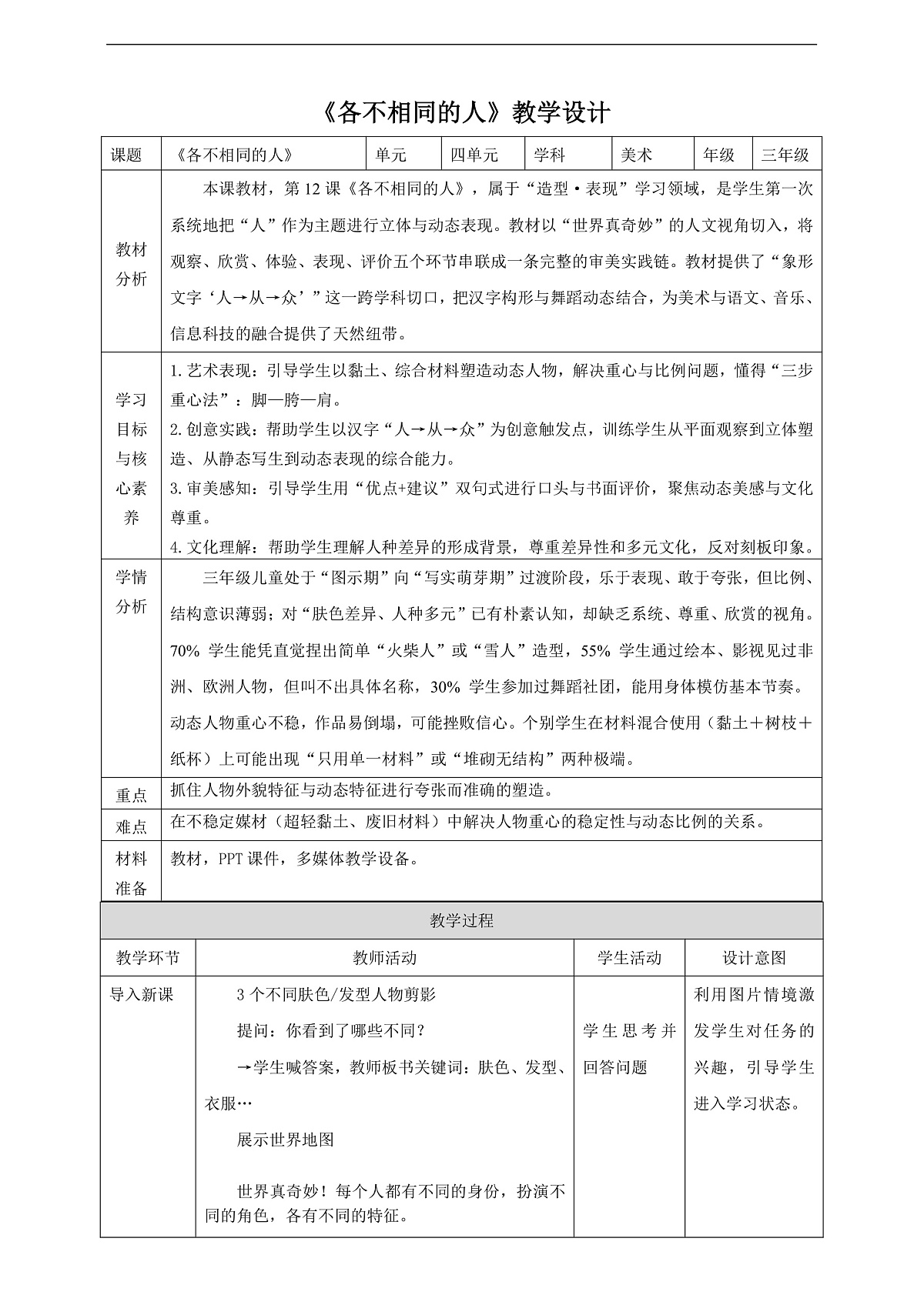第十二课《各不相同的人》核心素养教学设计第1页