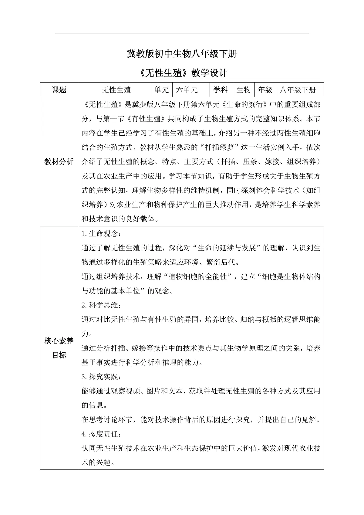 【核心素养目标】冀少版初中生物八年级下册6.1.2《无性生殖》教学设计第1页